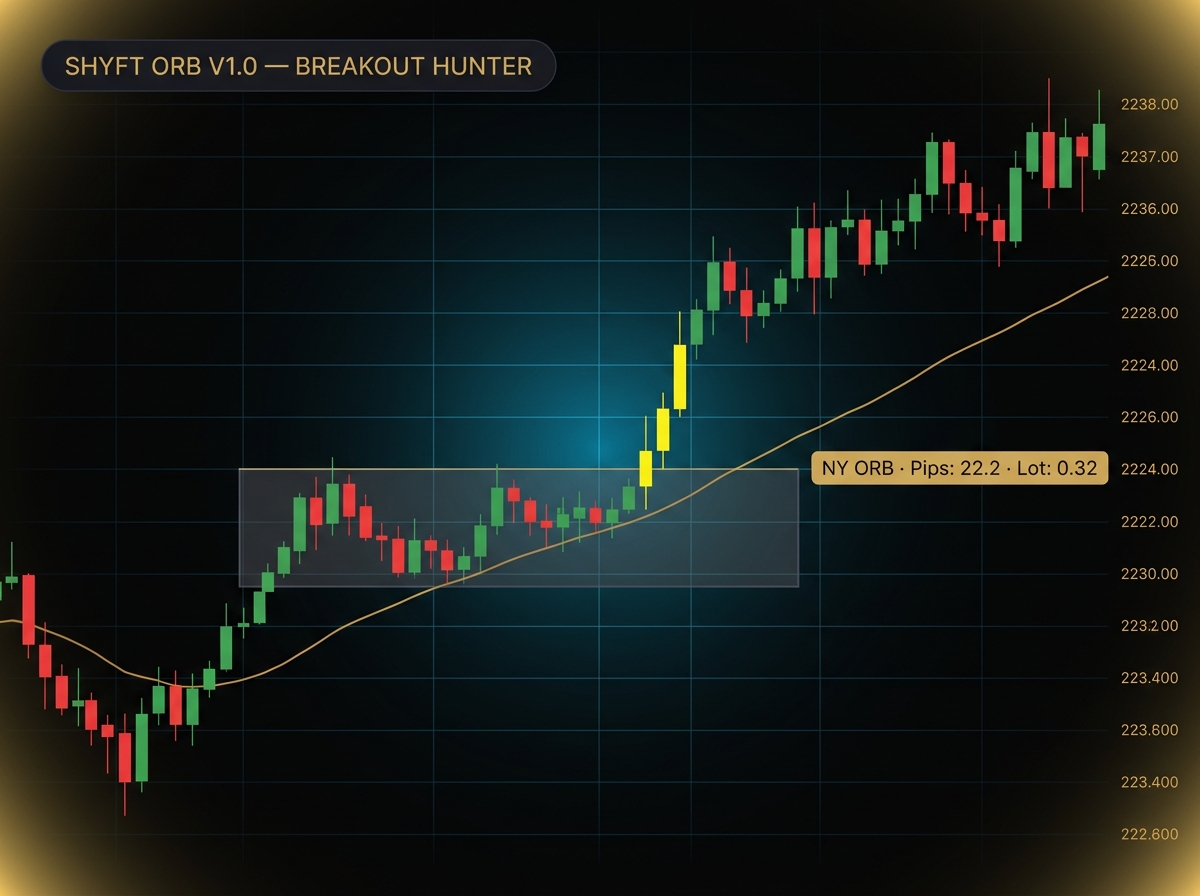SHYFT Orb · Breakout Hunter — sample chart with orb range box and yellow breakout entry candle